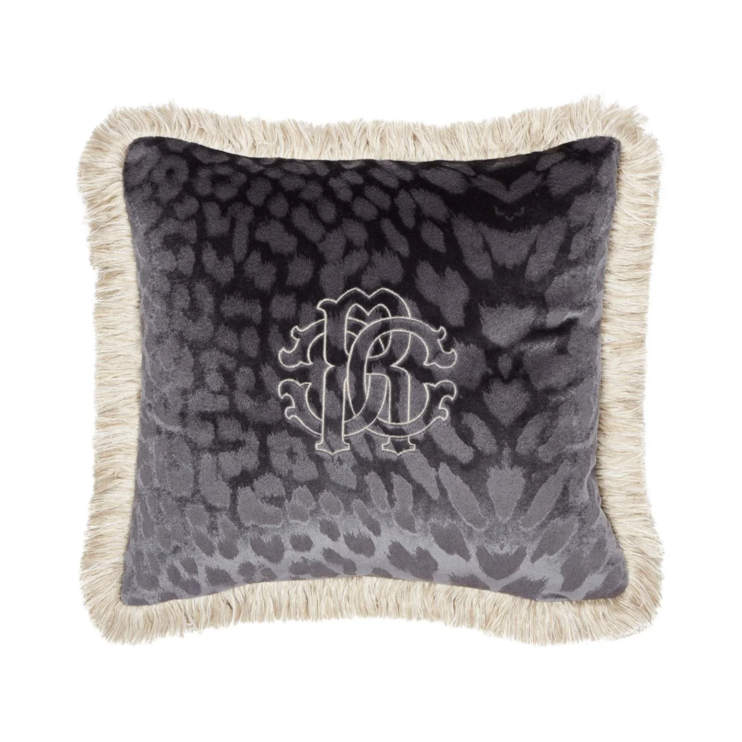 ROBERTO CAVALLI cushion featuring leopard print with fringe border available at Lestyle Boutique Melbourne
