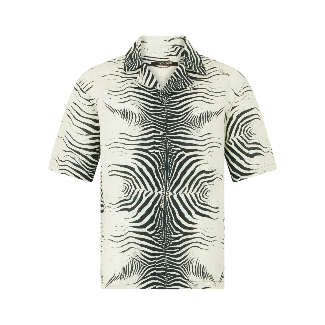 Roberto Cavalli shirt featuring mini zebra print short-sleeve linen top available at Lestyle Boutique Melbourne