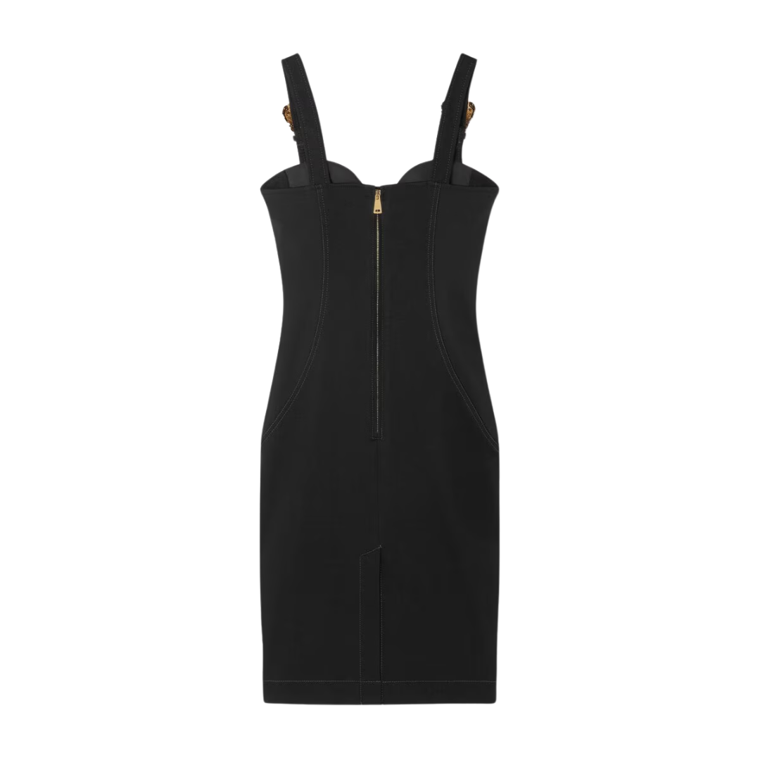 Versace Jeans Couture sleeveless bustier midi dress featuring Baroque buckle accents on the shoulder straps, available at Lestyle Boutique Melbourne