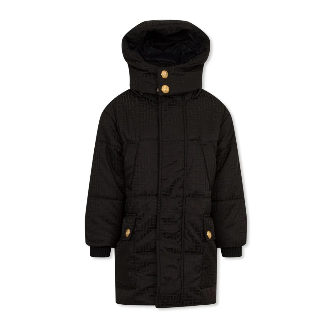 Balmain Kids Long-Sleeved Monogram Hooded Coat featuring monogram detailing available at Lestyle Boutique Melbourne