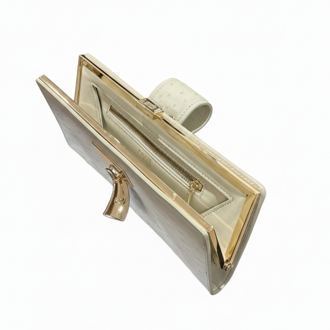 Just Cavalli wallet featuring horn clasp in ivory with ostrich-textured leather, available at Lestyle Boutique Melbourne
