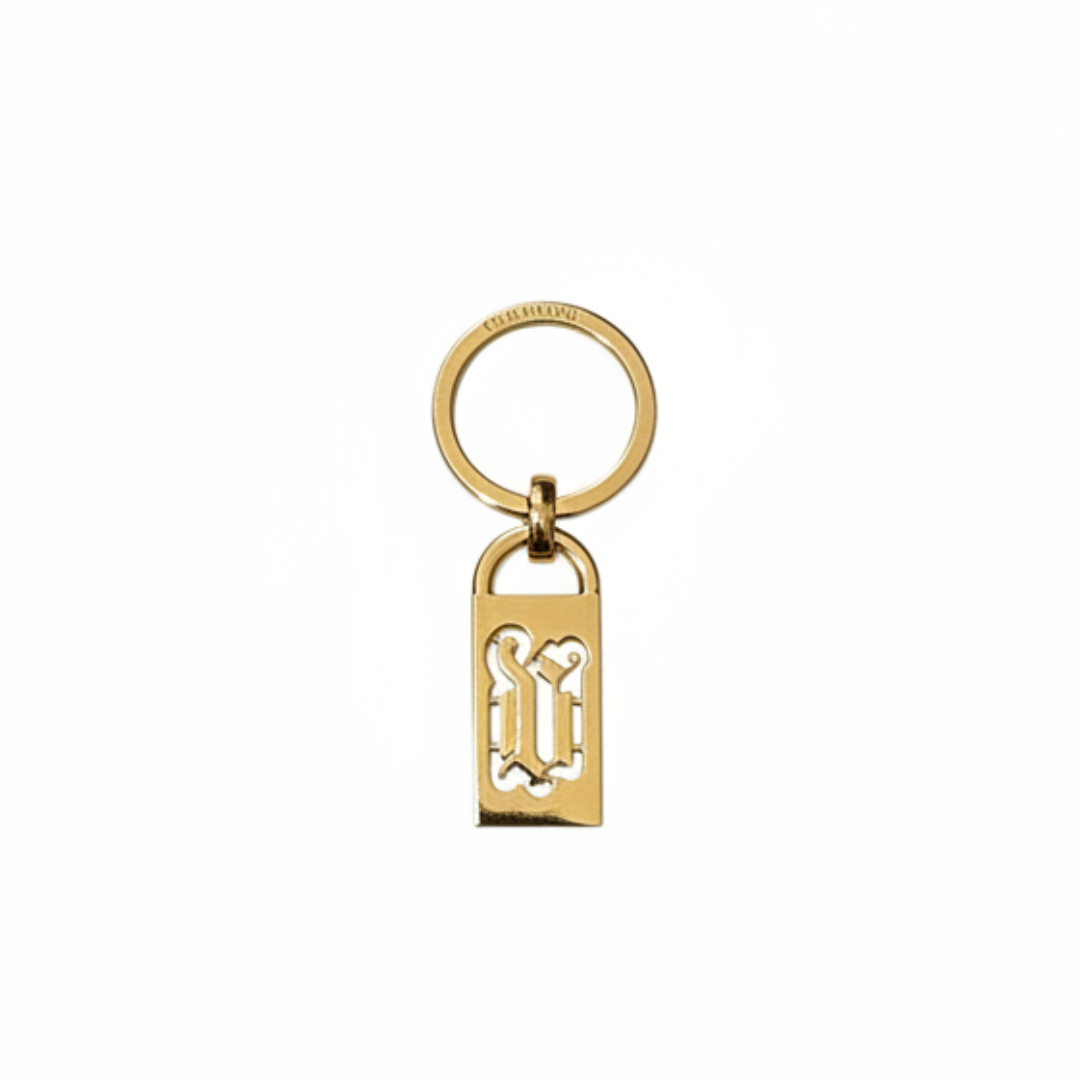 VERSACE KEYCHAIN featuring gold-tone rectangular pendant with emblem available at Lestyle Boutique Melbourne