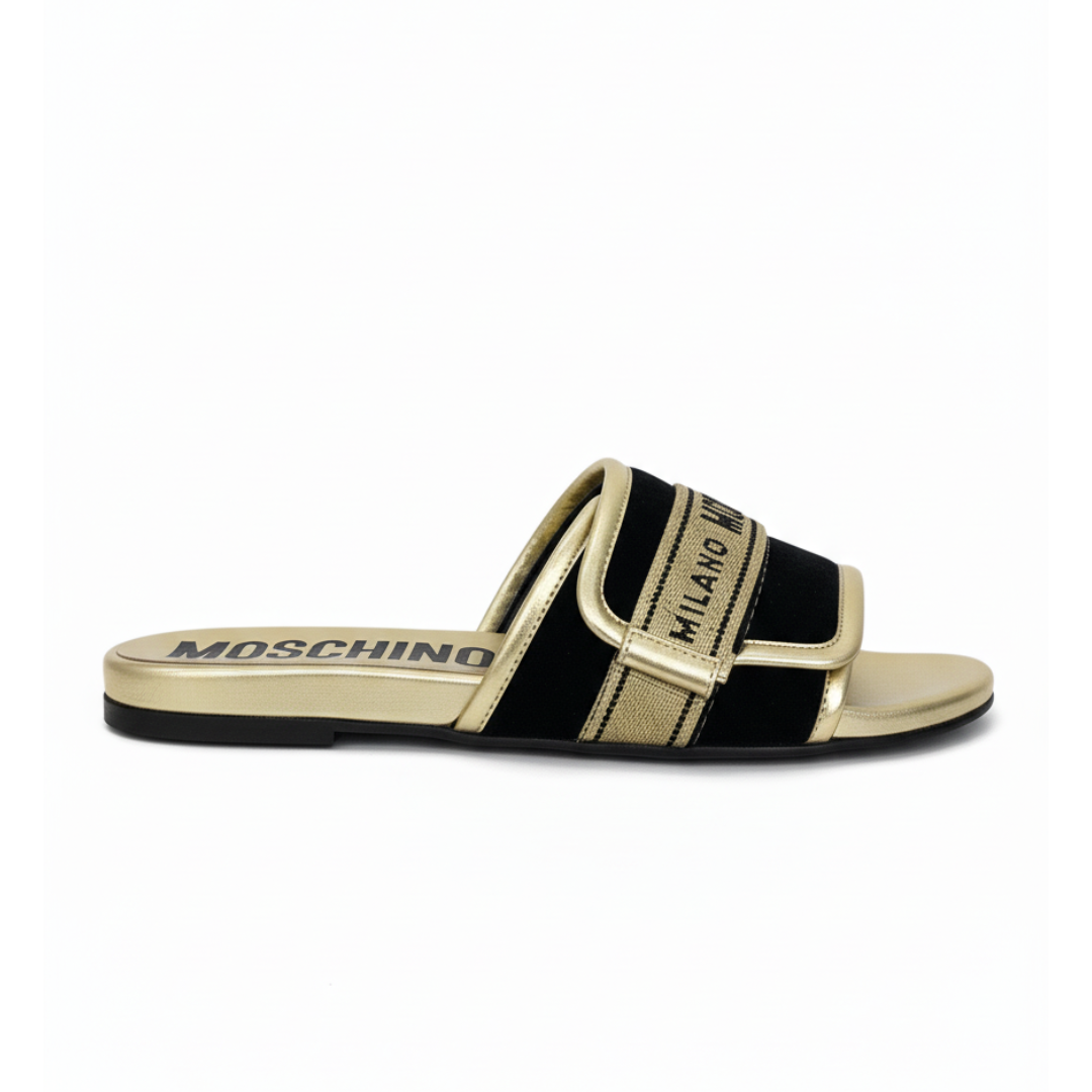 MOSCHINO slides featuring gold-tone logo strap available at Lestyle Boutique Melbourne
