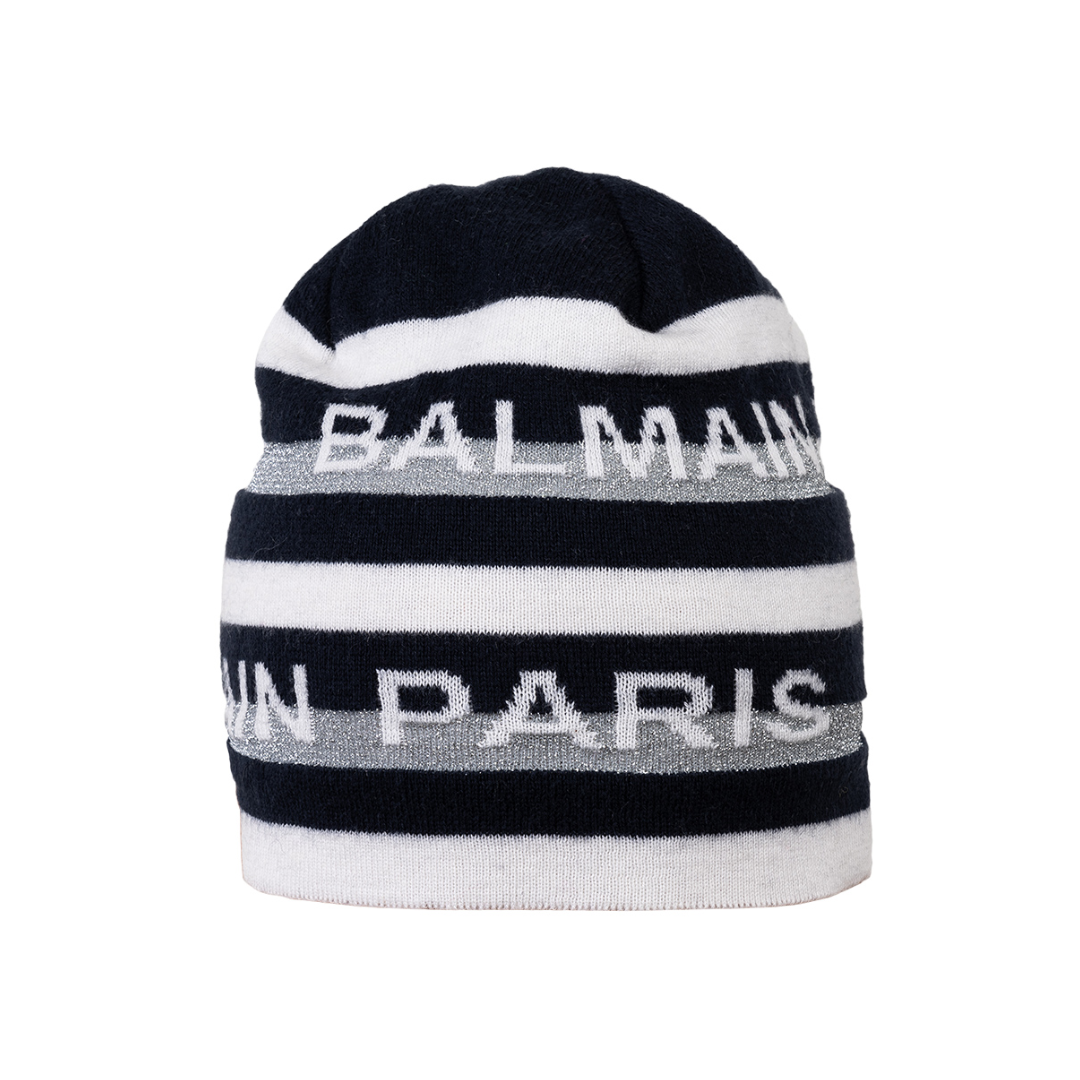 BALMAIN beanie featuring navy and white striped knit with Balmain Paris lettering available at Lestyle Boutique Melbourne