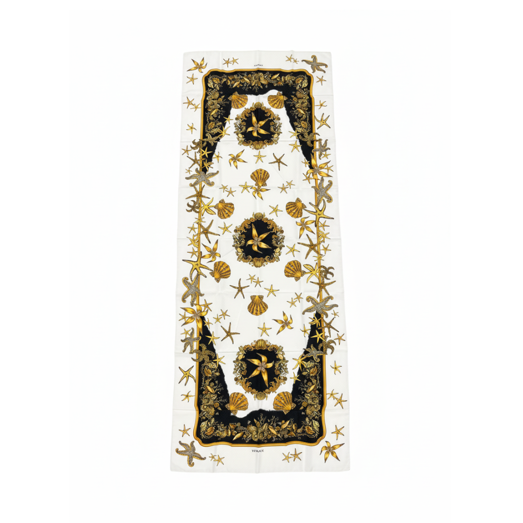 Versace Silk Scarf featuring gold ornate print available at Lestyle Boutique Melbourne
