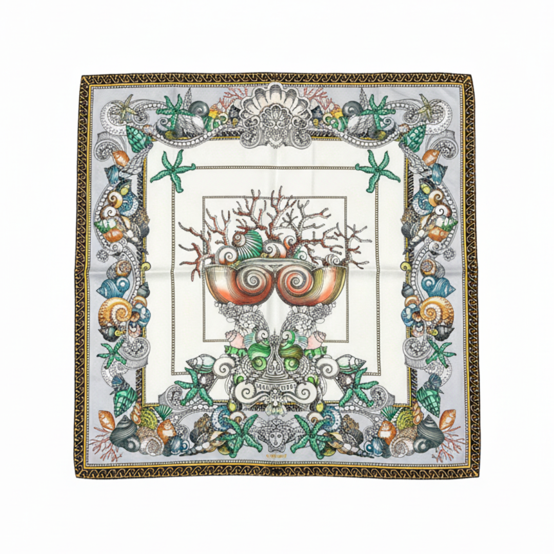 Versace silk scarf featuring ornate baroque sea motif available at Lestyle Boutique Melbourne