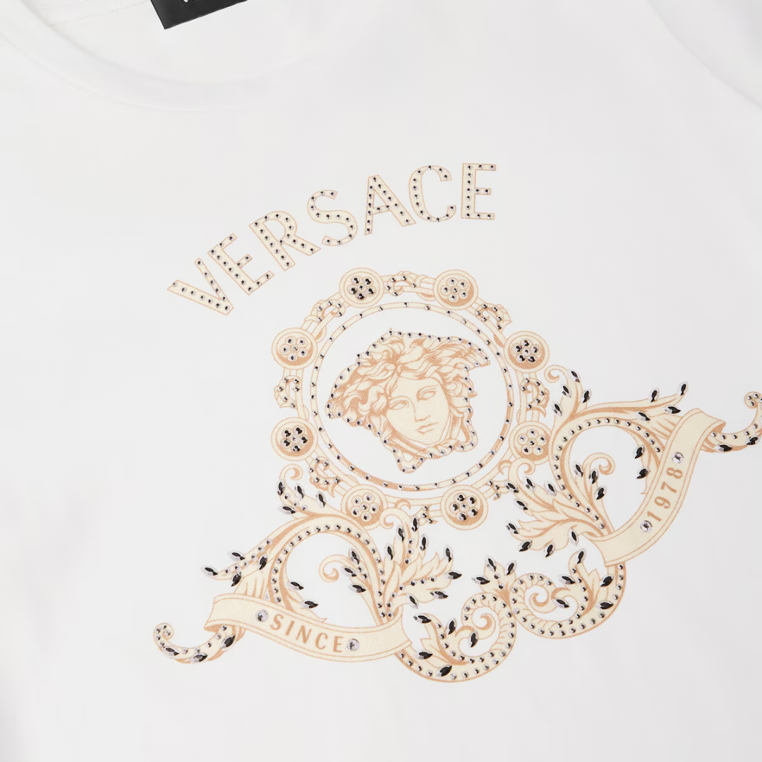 Versace T-shirt featuring Medusa Hall Crest crystal embellishments available at Lestyle Boutique Melbourne