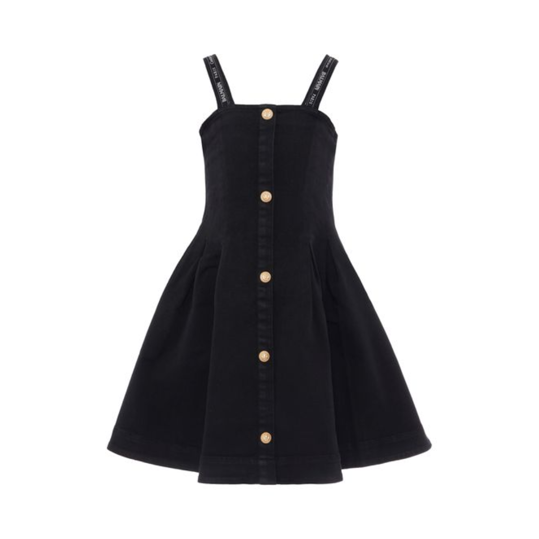 Balmain Dress for Girls featuring logo shoulder straps and back zip, available at Lestyle Boutique Melbourne