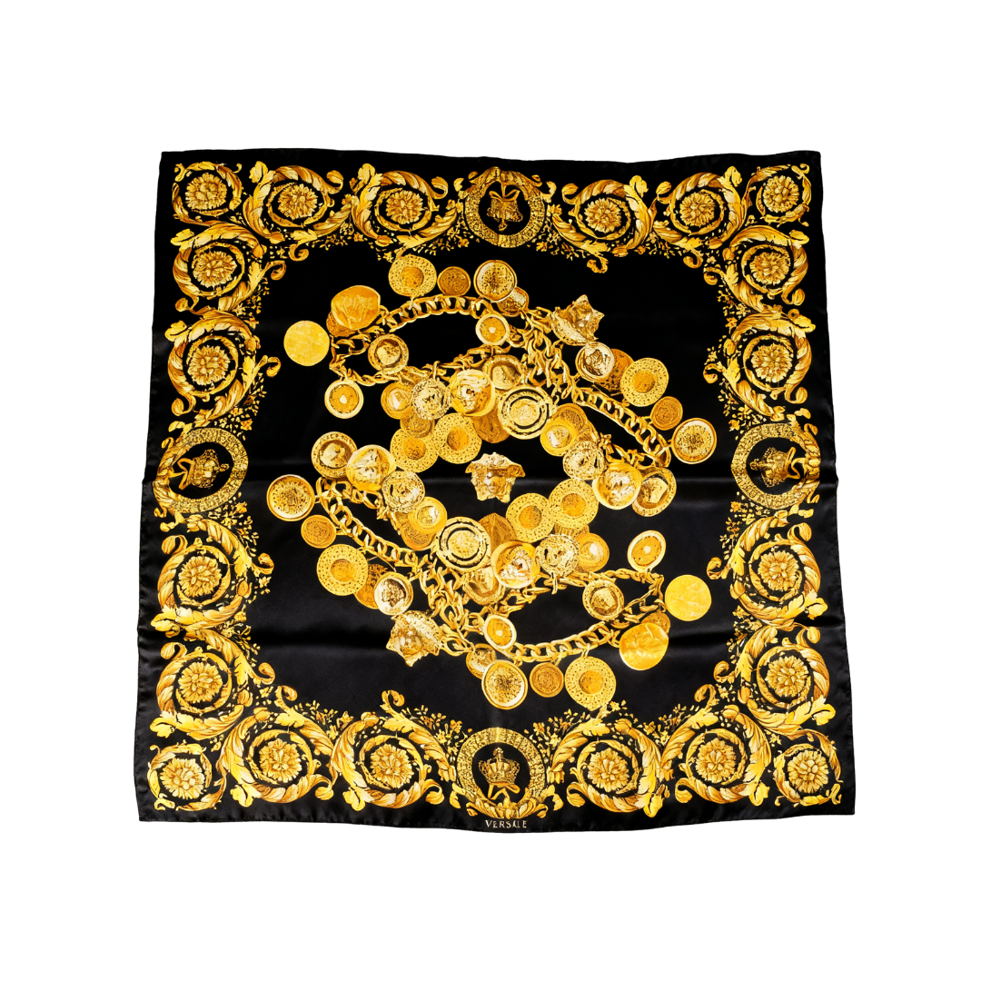 VERSACE silk scarf featuring gold baroque print available at Lestyle Boutique Melbourne