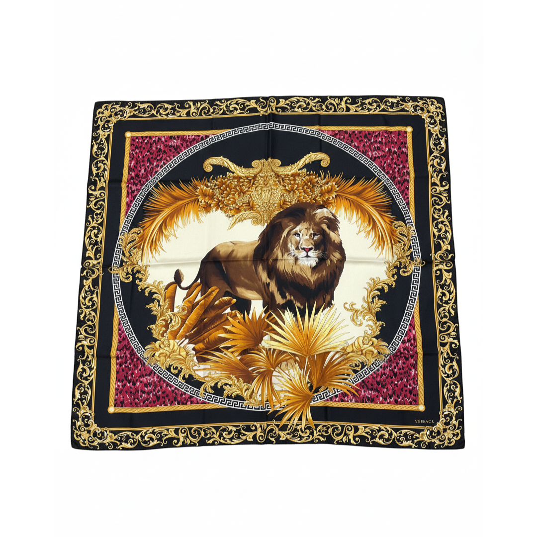 Versace silk scarf featuring lion motif and ornate gold border available at Lestyle Boutique Melbourne
