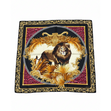Versace silk scarf featuring lion motif and ornate gold border available at Lestyle Boutique Melbourne