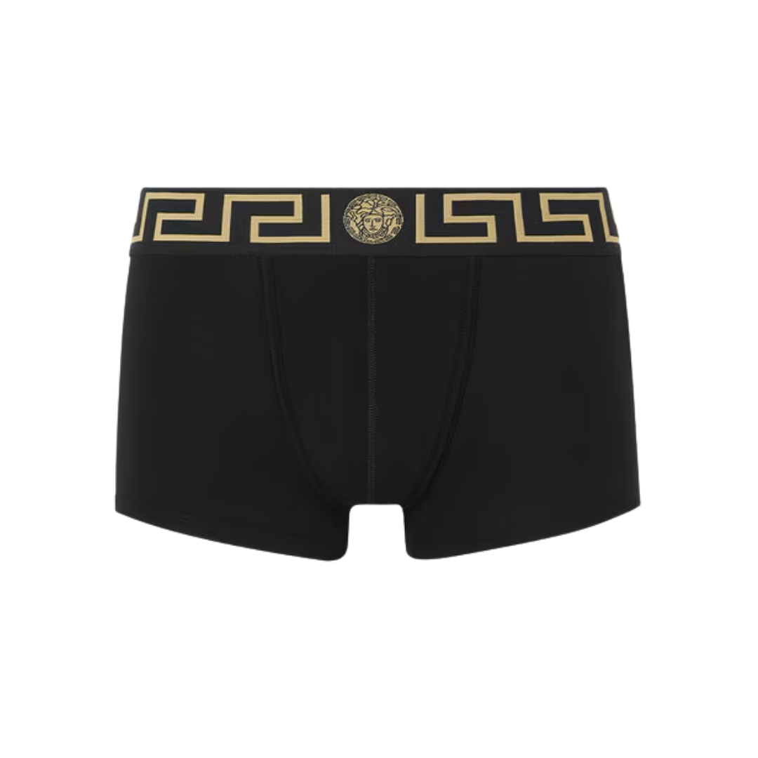 VERSACE LOW TRUNKS featuring gold Greek key waistband with Medusa emblem available at Lestyle Boutique Melbourne