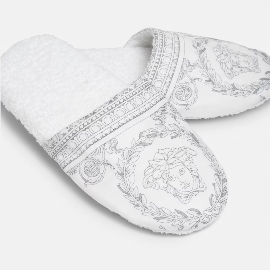 Versace Slippers featuring cotton I♡ Baroque uppers and soft terry towelling insoles available at Lestyle Boutique Melbourne
