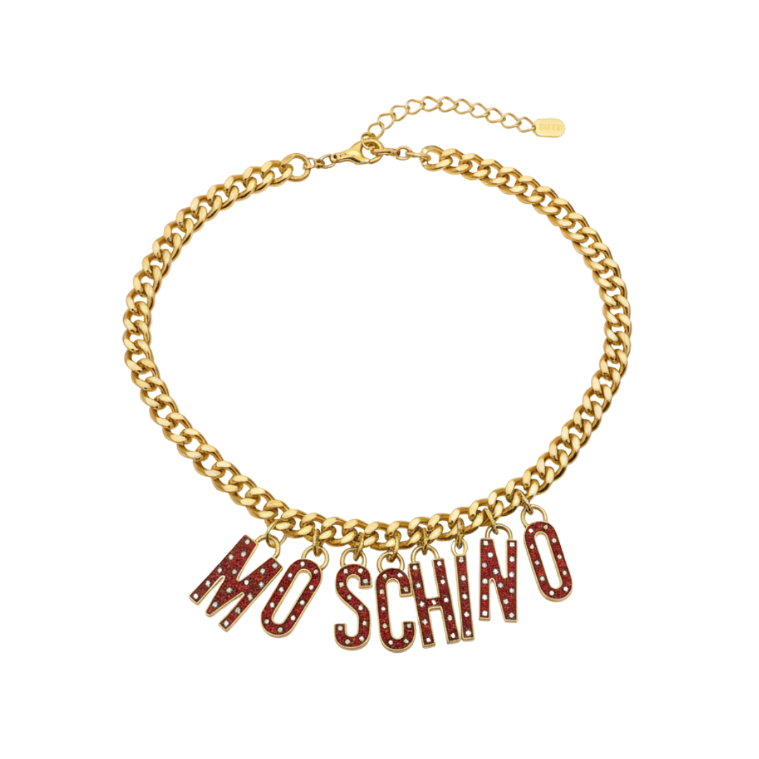 MOSCHINO belt featuring gold-toned chunky chain and logo letter charms available at Lestyle Boutique Melbourne