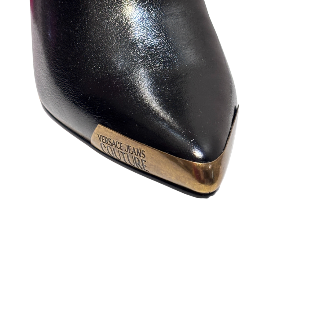 Versace Jeans Couture ankle boot featuring ornate gold-tone buckle strap available at Lestyle Boutique Melbourne