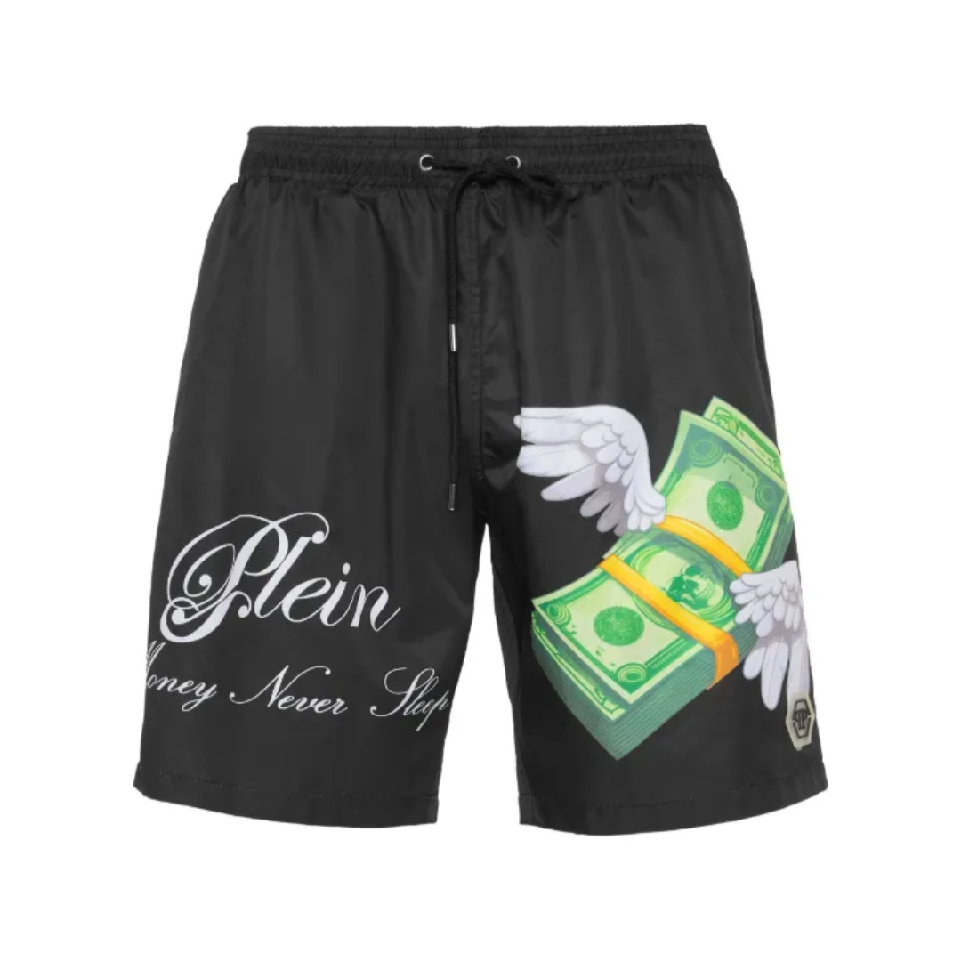 Philipp Plein swim shorts featuring money print available at Lestyle Boutique Melbourne