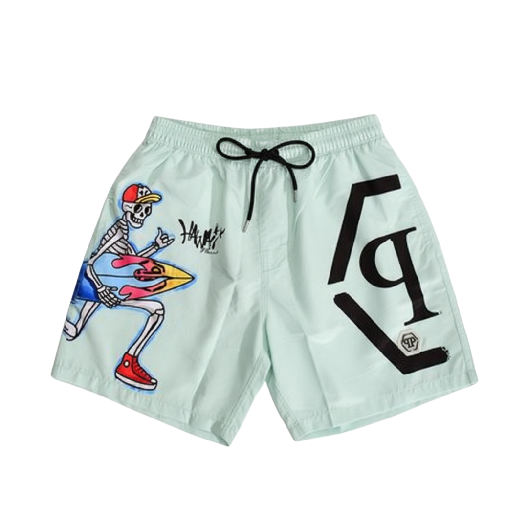 PHILIPP PLEIN SWIM SHORTS featuring skeleton surfer graphic available at Lestyle Boutique Melbourne