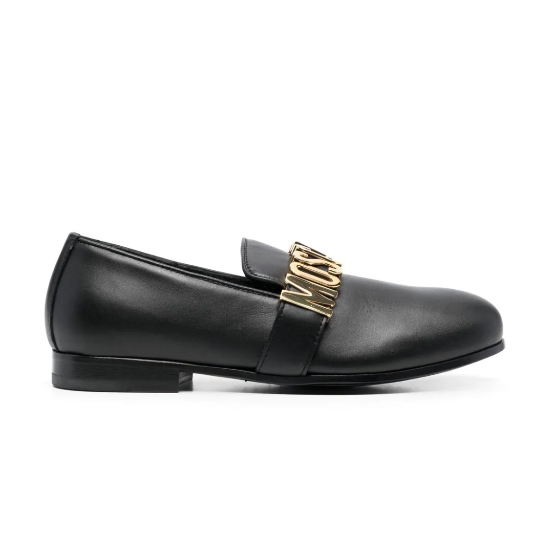 Moschino black leather loafers featuring gold-tone logo plaque available at Lestyle Boutique Melbourne