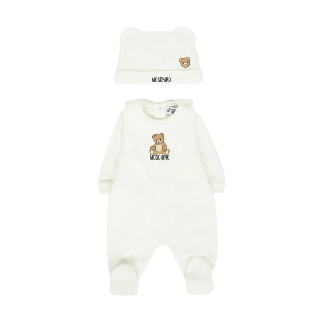 MOSCHINO BABYGROW BIB AND HAT GIFT SET featuring teddy bear design available at Lestyle Boutique Melbourne