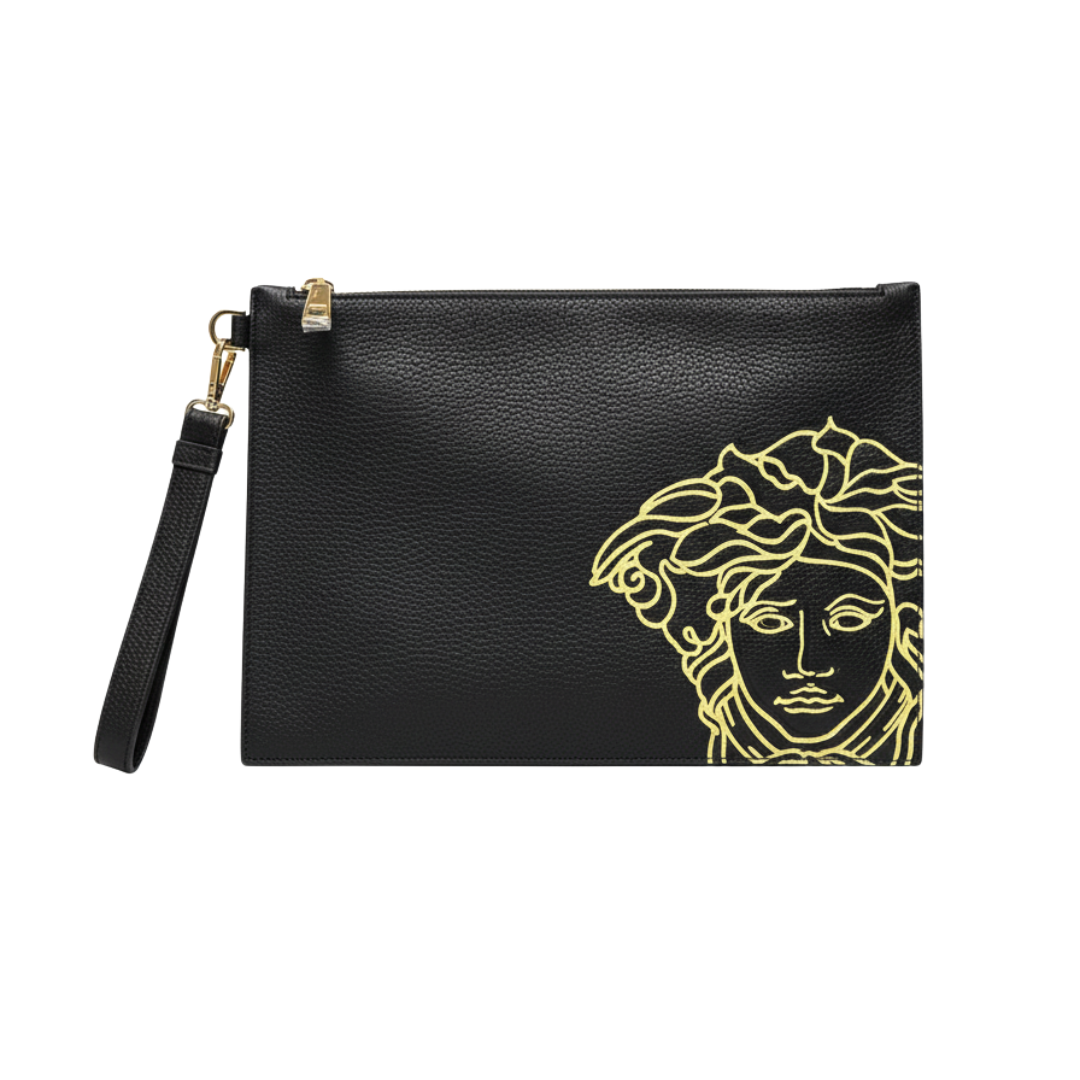 Versace clutch featuring gold Medusa head graphic available at Lestyle Boutique Melbourne