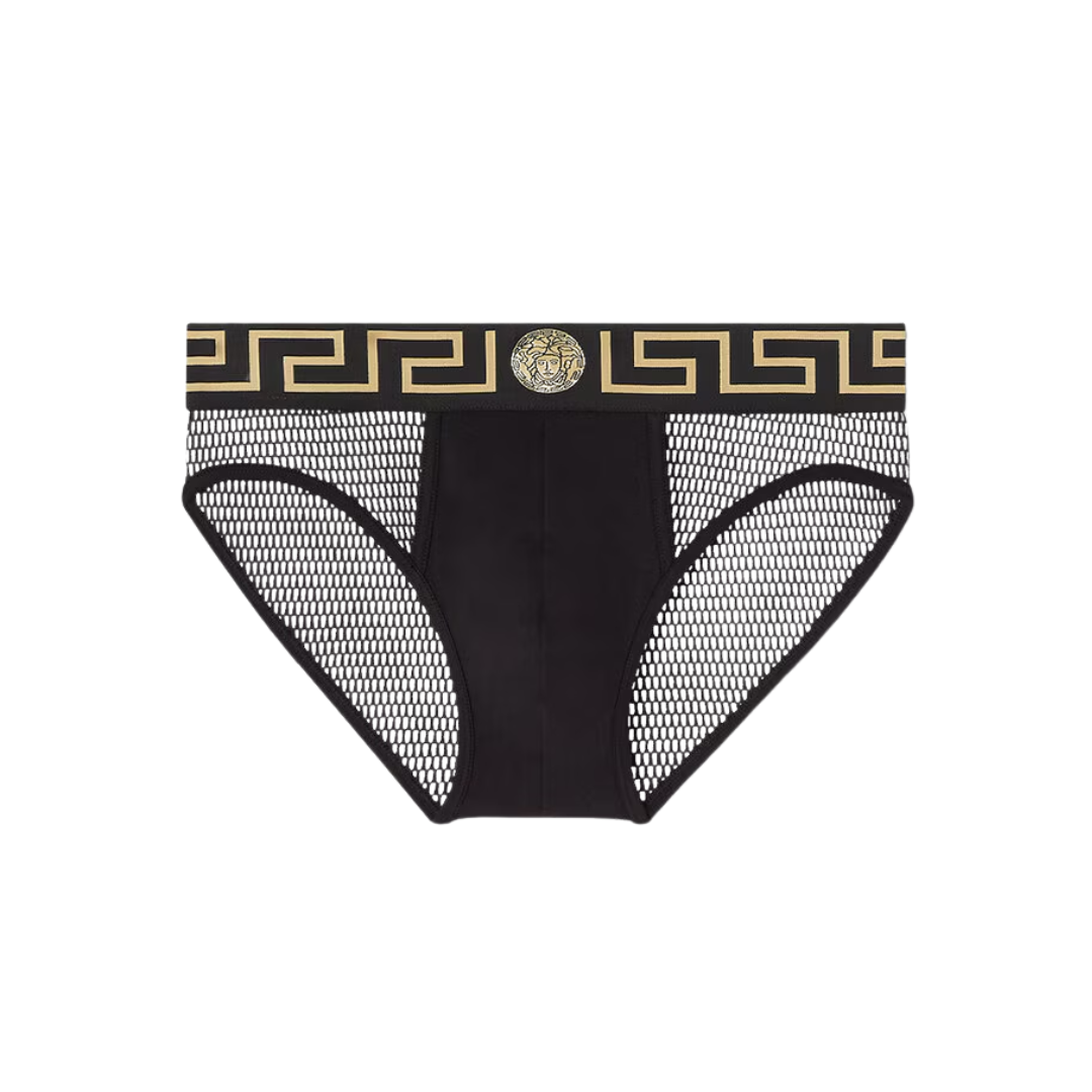 Versace mesh Greca border briefs featuring mesh waistband available at Lestyle Boutique Melbourne