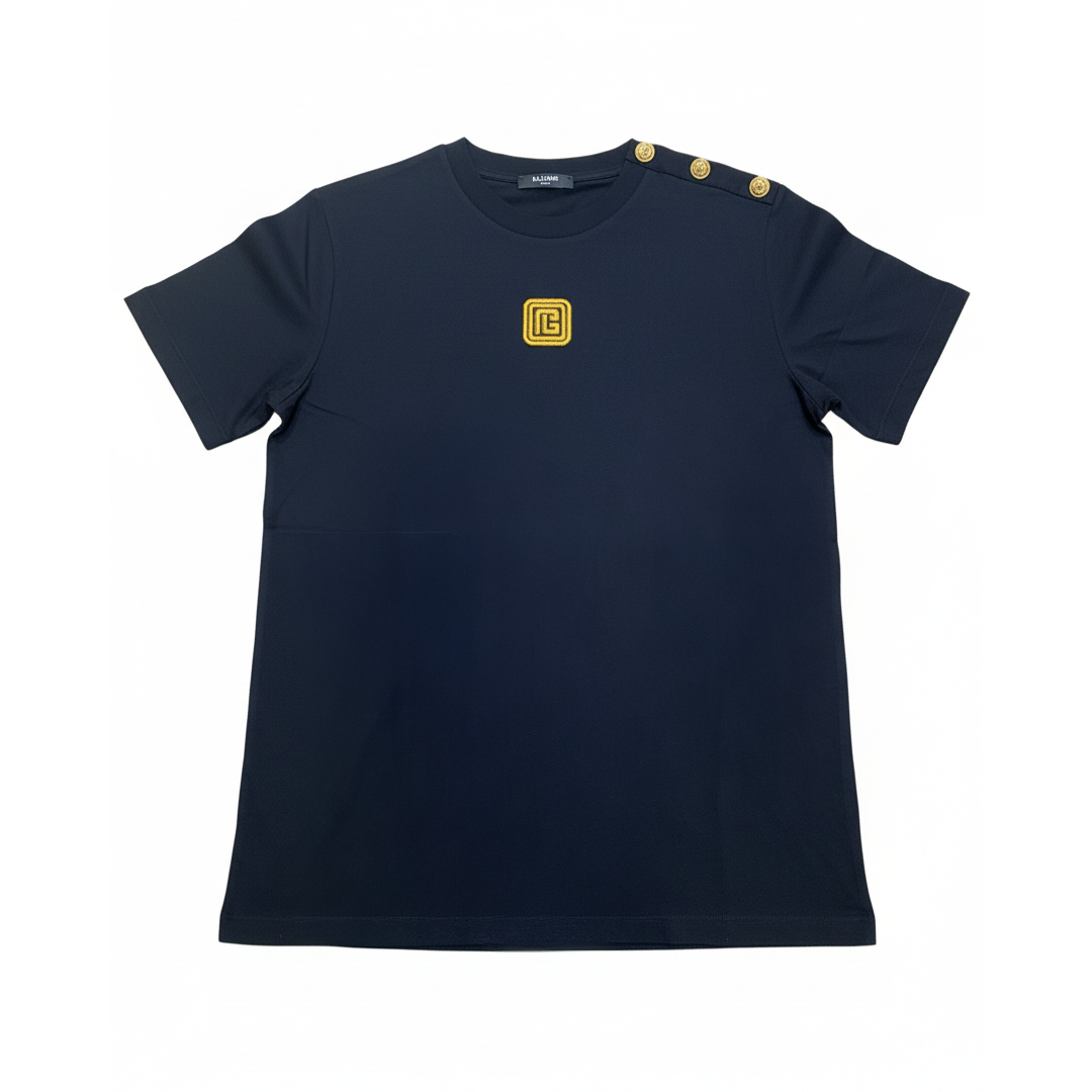 BALMAIN kids T-Shirt featuring gold crest logo and shoulder button detail available at Lestyle Boutique Melbourne