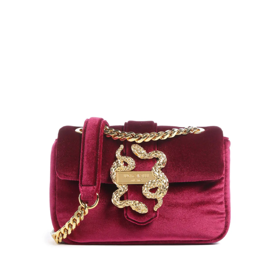 Just Cavalli shoulder bag featuring velvet fabric and a gold snake clasp available at Lestyle Boutique Melbourne