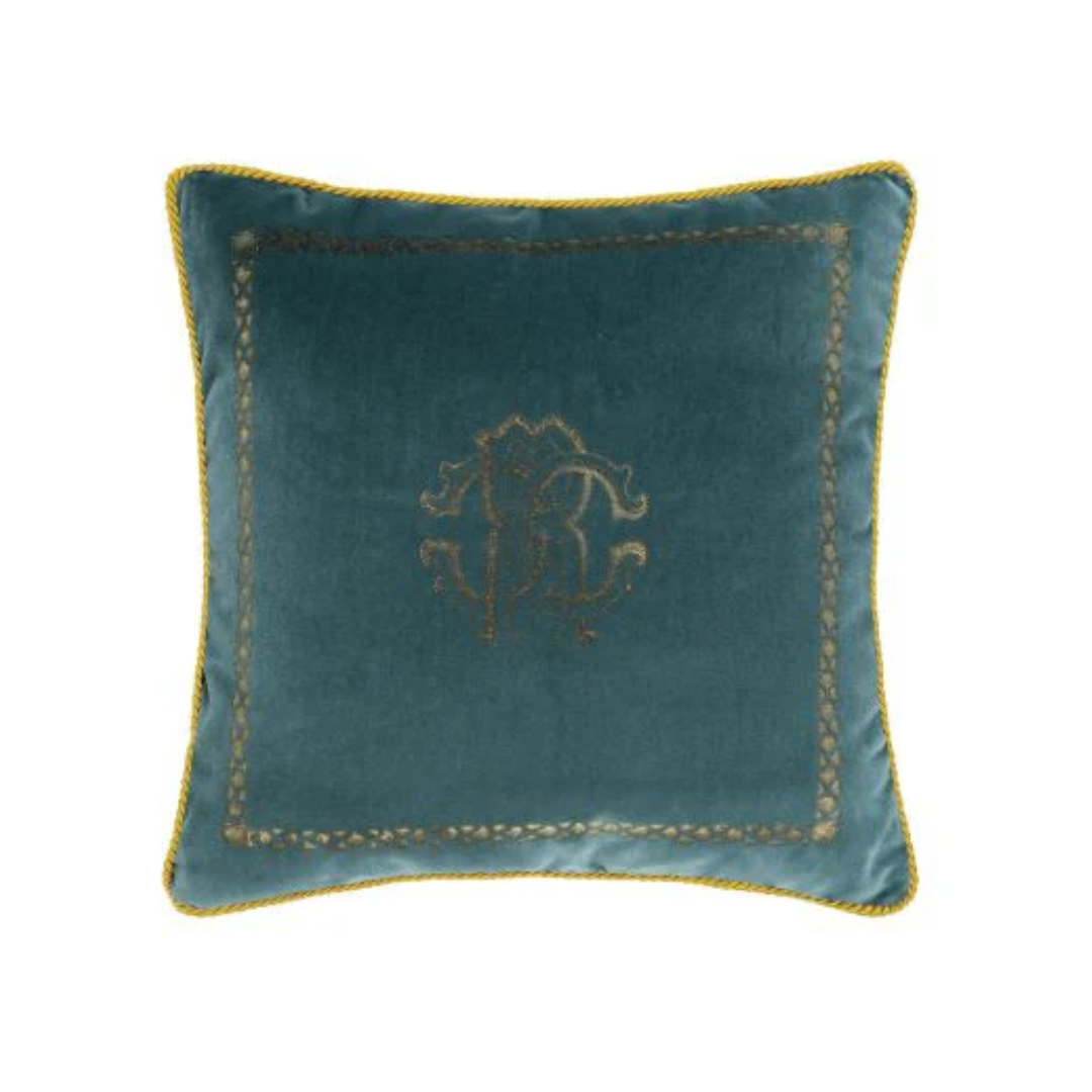 Roberto Cavalli decorative cushion featuring velvet teal and gold piping available at Lestyle Boutique Melbourne