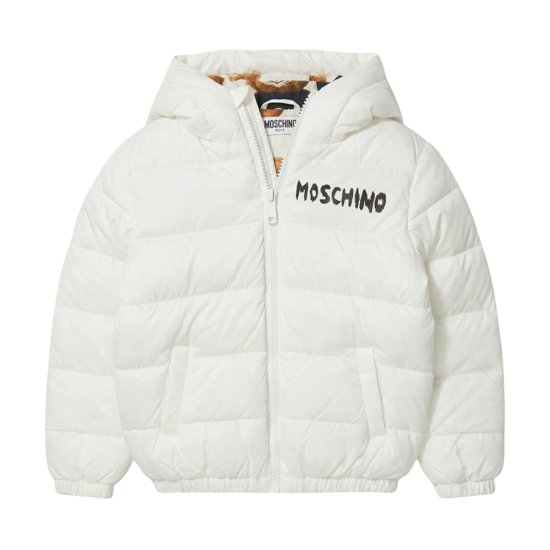 Moschino Kids Jacket with logo print and classic hood, available at Lestyle Boutique Melbourne