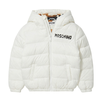 Moschino Kids Jacket with logo print and classic hood, available at Lestyle Boutique Melbourne