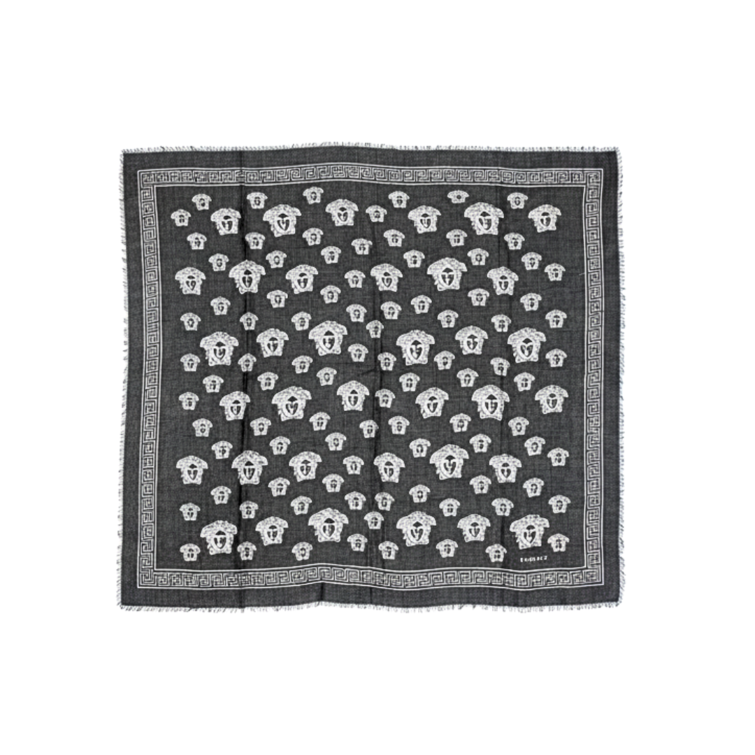 Versace scarf with Medusa head motif and Greek key border, black, available at Lestyle Boutique Melbourne
