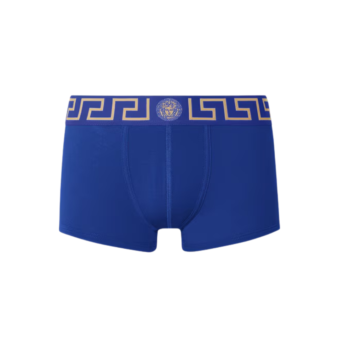 Versace Greca Border Trunks featuring Medusa motif on elastic waistband, blue, available at Lestyle Boutique Melbourne