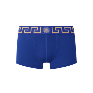 Versace Greca Border Trunks featuring Medusa motif on elastic waistband, blue, available at Lestyle Boutique Melbourne
