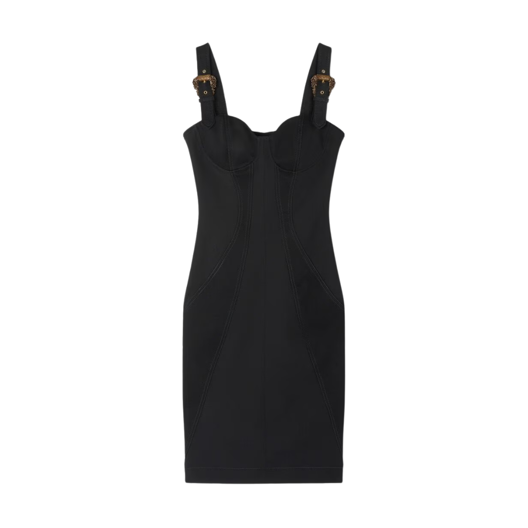 Versace Jeans Couture sleeveless bustier midi dress featuring Baroque buckle accents on the shoulder straps, available at Lestyle Boutique Melbourne