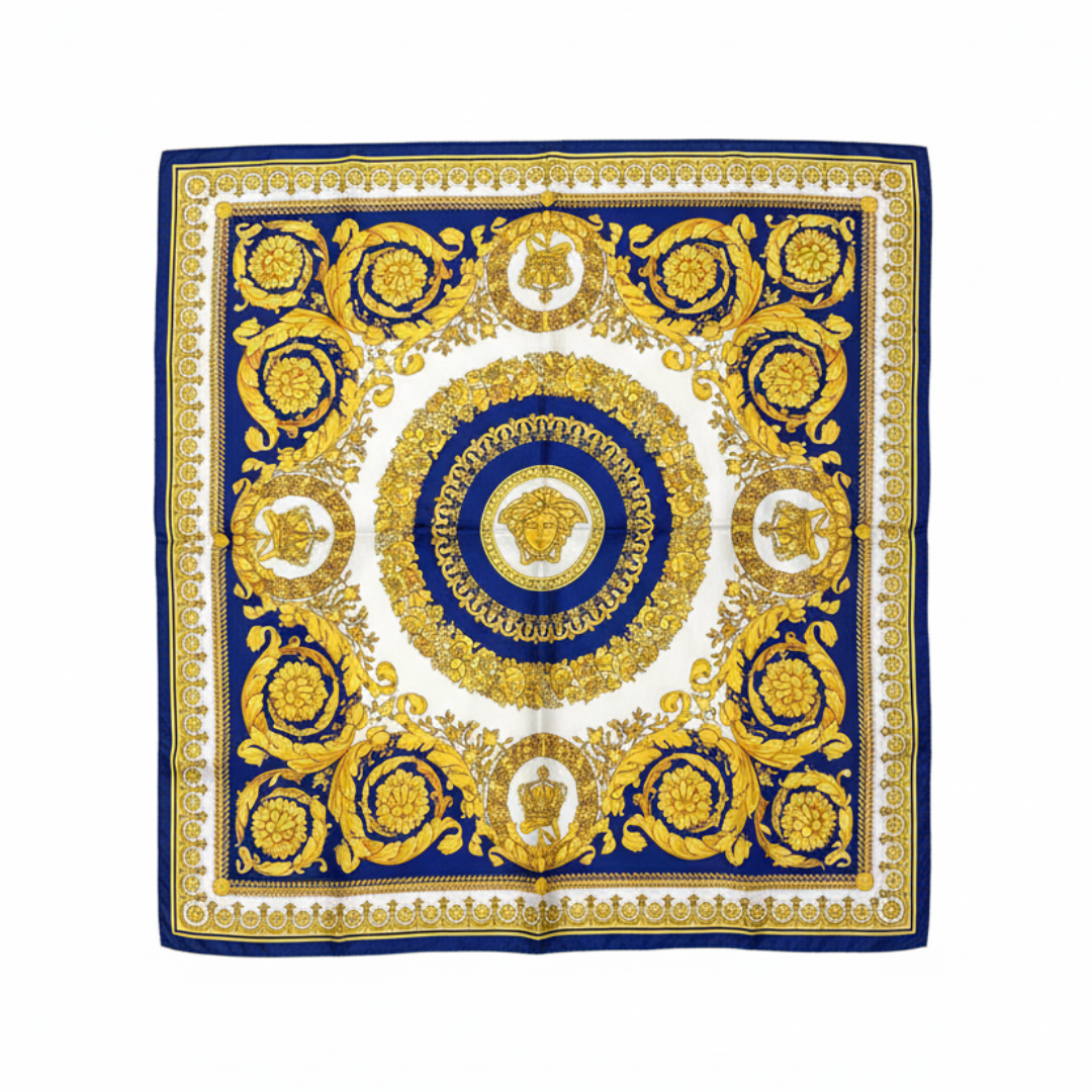 VERSACE silk scarf featuring ornate gold baroque pattern available at Lestyle Boutique Melbourne