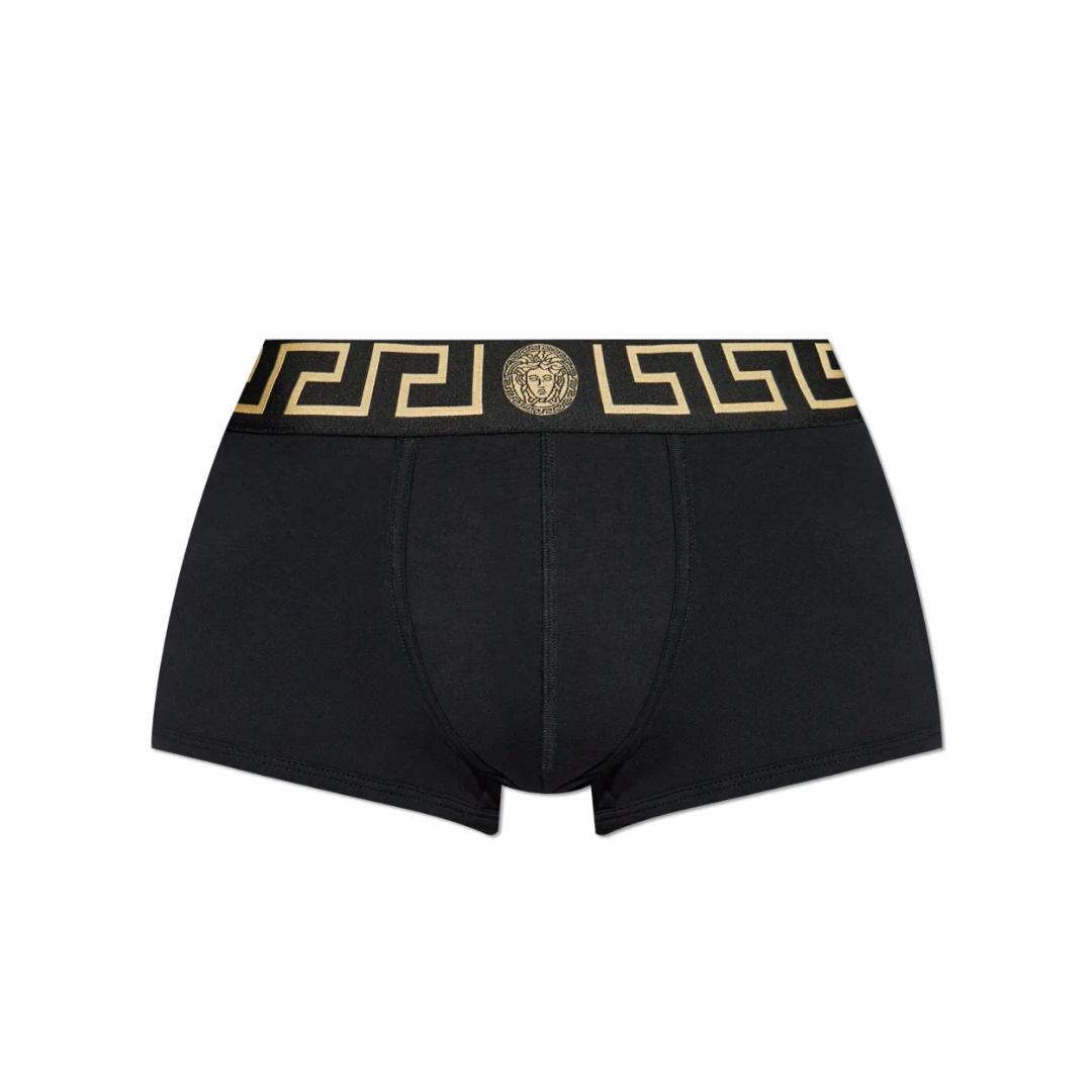 VERSACE LOW TRUNKS featuring gold Greek key waistband with Medusa emblem available at Lestyle Boutique Melbourne