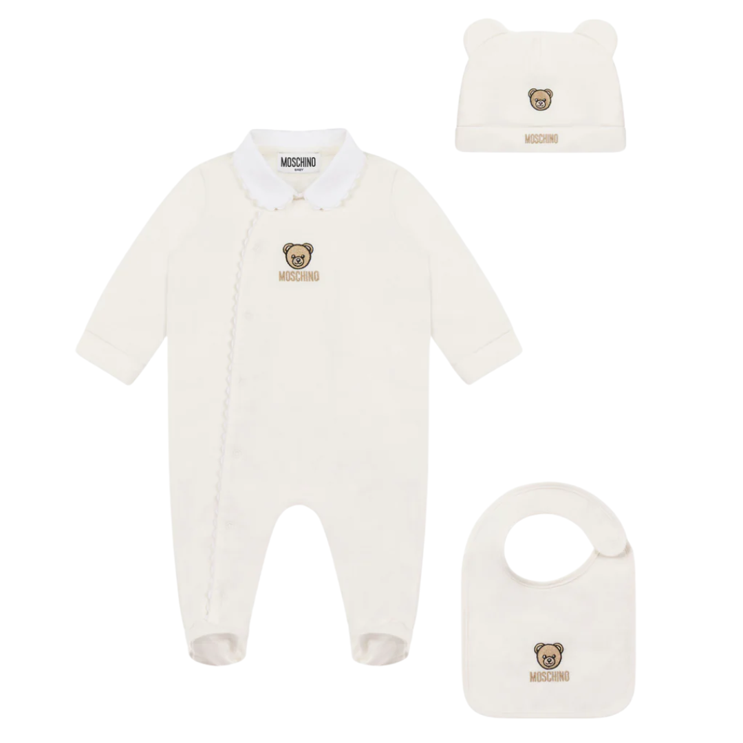 Moschino TEDDY BEAR PLUSH ONESIE HAT AND BIB SET KIDS featuring teddy bear motif available at Lestyle Boutique Melbourne