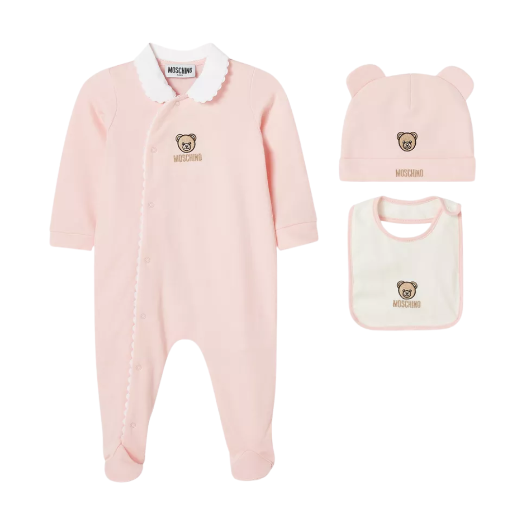 MOSCHINO Bear Logo-embroidered Sleepsuit Gift Set featuring bear logo embroidery available at Lestyle Boutique Melbourne