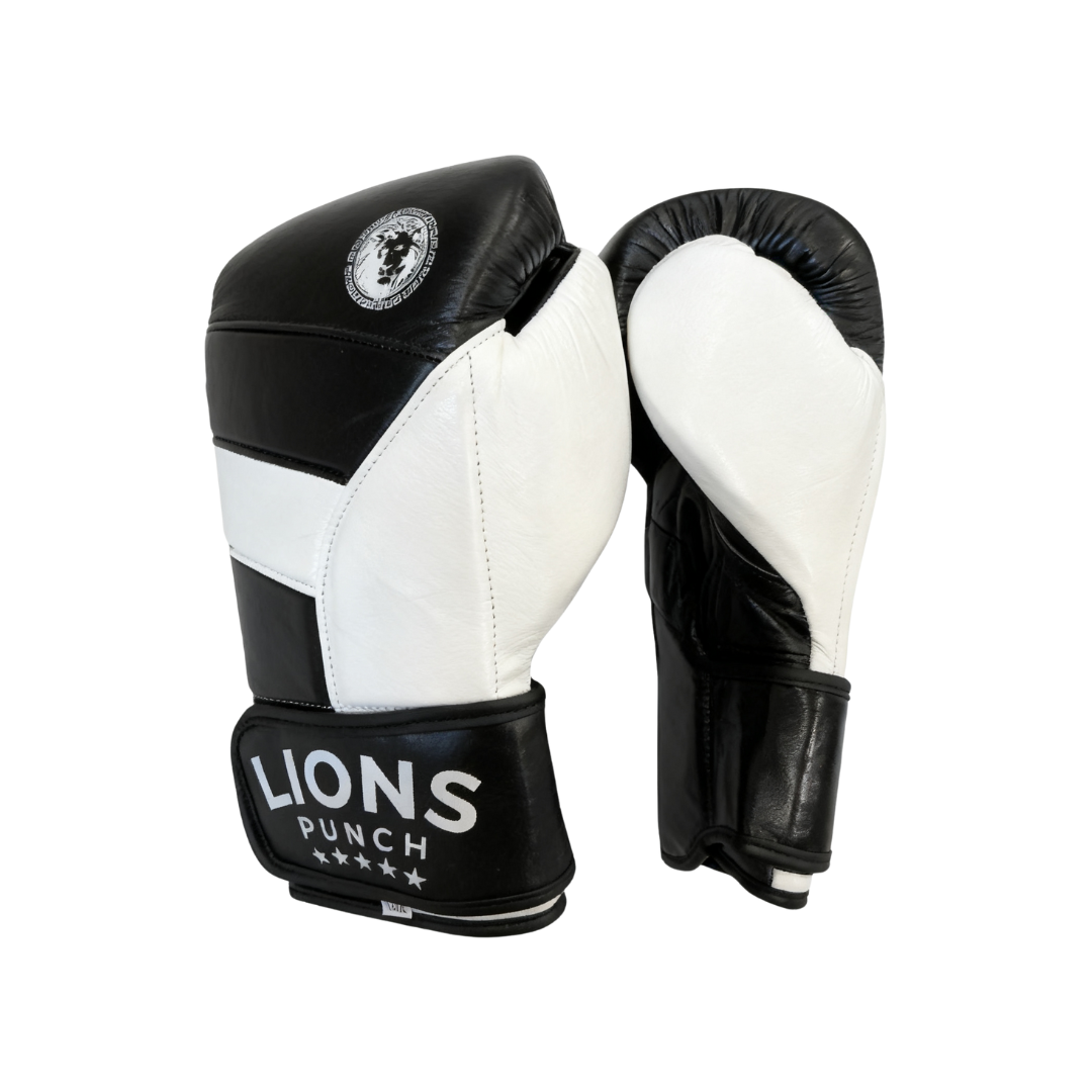 Lions Punch boxing gloves with black and white panels and wrist strap, available at Lestyle Boutique Melbourne