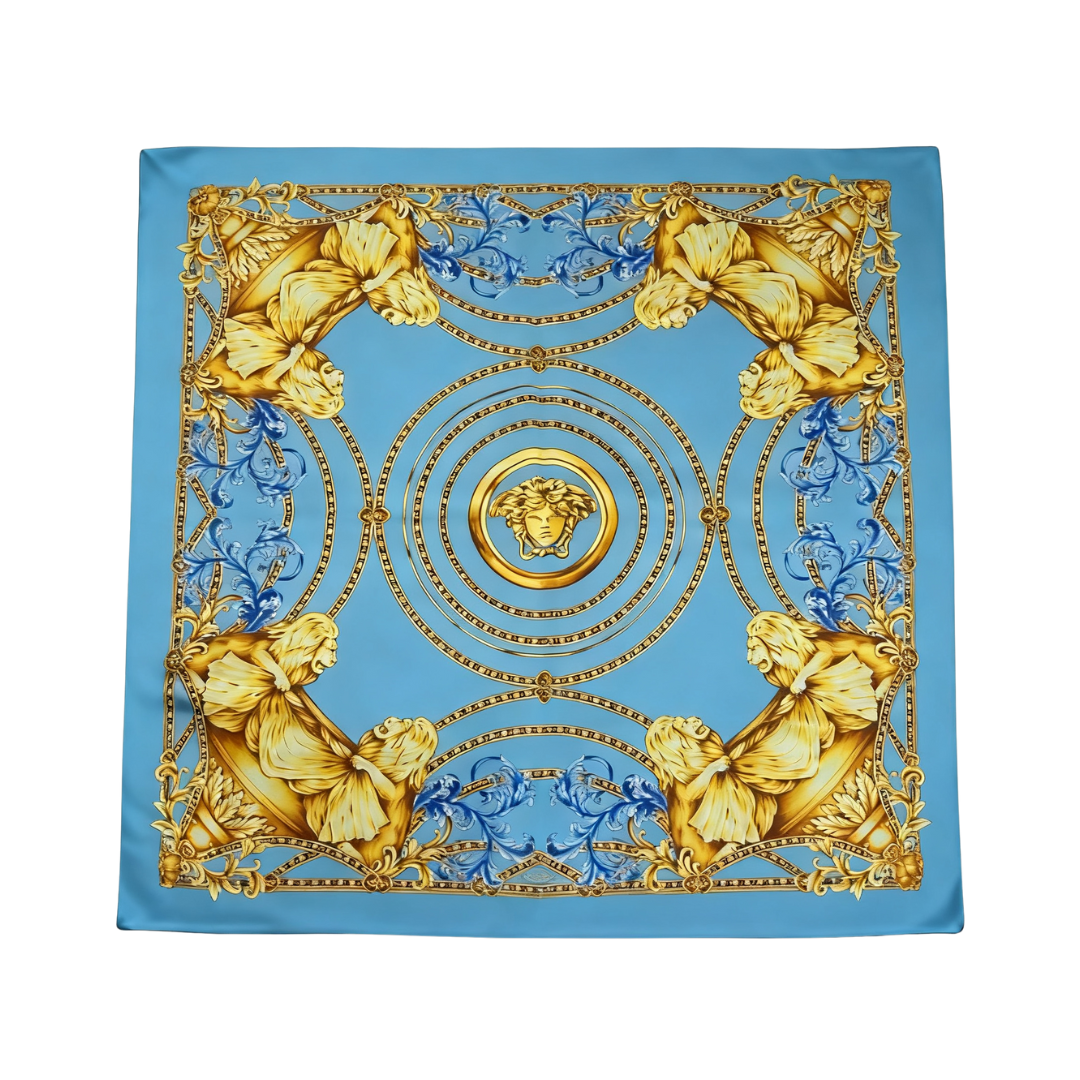 Versace scarf featuring gold medusa motif and ornate chain design available at Lestyle Boutique Melbourne