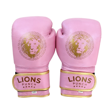 LIONS PUNCH boxing gloves featuring pink color with gold lion logo available at Lestyle Boutique Melbourne