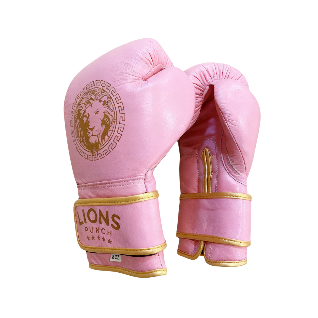 LIONS PUNCH boxing gloves featuring pink color with gold lion logo available at Lestyle Boutique Melbourne