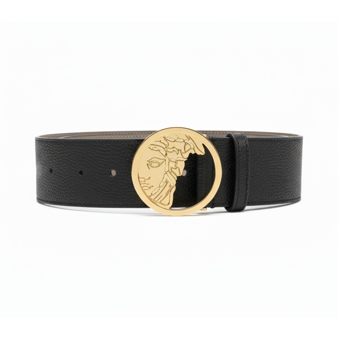 VERSACE belt with gold Medusa buckle on black pebble-grain leather available at Lestyle Boutique Melbourne