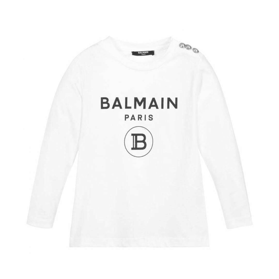 BALMAIN LONG SLEEVE TOP KIDS featuring Balmain Paris logo and shoulder embellishments available at Lestyle Boutique Melbourne