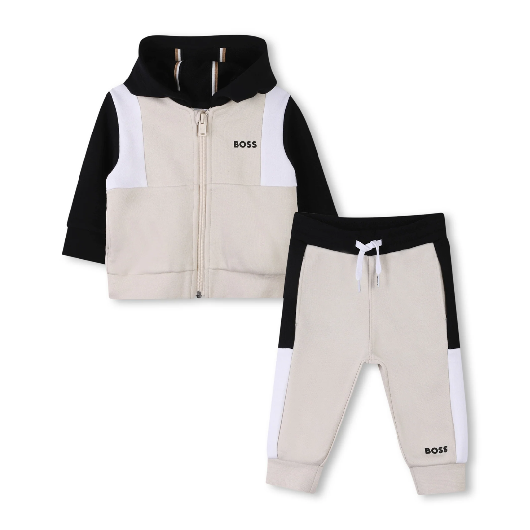 BOSS KIDS CARDIGAN AND TROUSERS SET featuring two-tone zip hoodie with beige, black and white panels available at Lestyle Boutique Melbourne