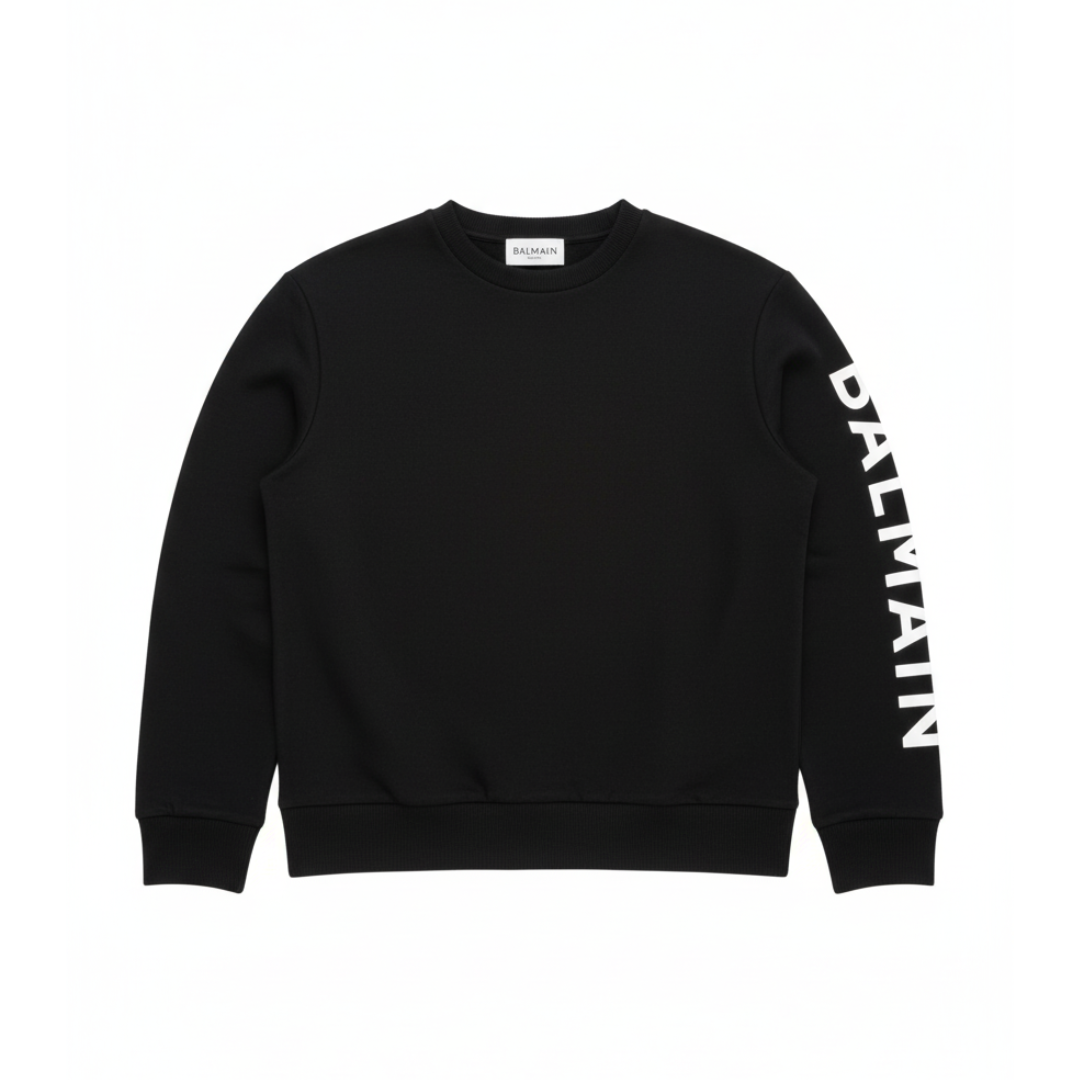 BALMAIN SWEATSHIRT featuring bold white sleeve logo available at Lestyle Boutique Melbourne
