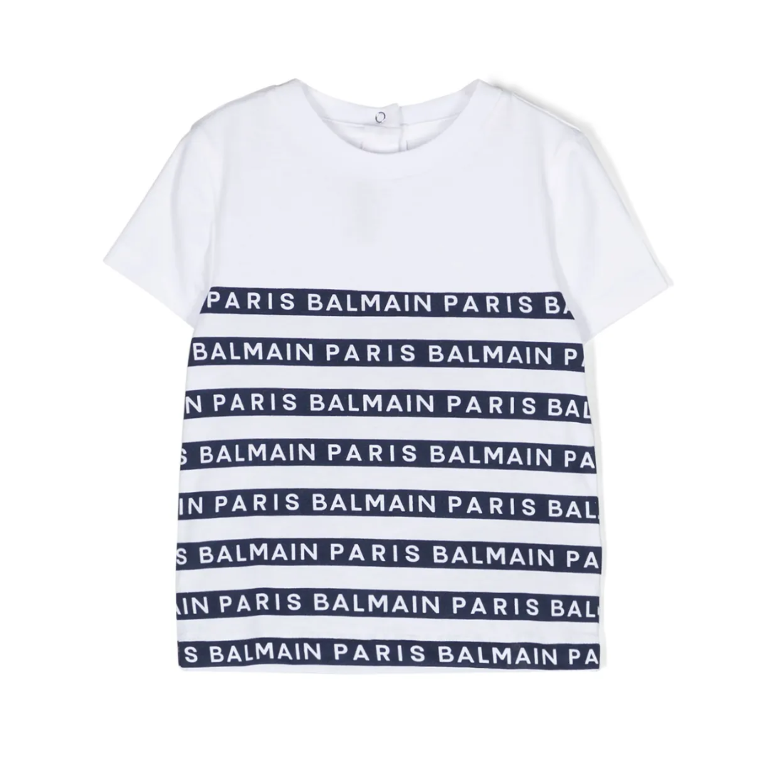 Balmain Kids T-shirt featuring white and navy horizontal stripes with all-over logo print available at Lestyle Boutique Melbourne