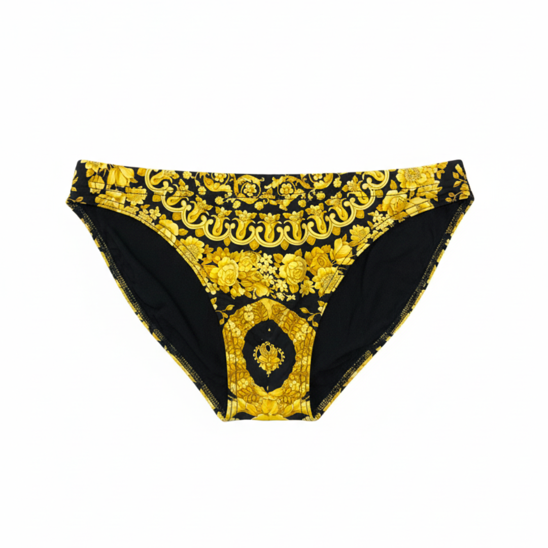 Versace swim brief featuring gold baroque print available at Lestyle Boutique Melbourne