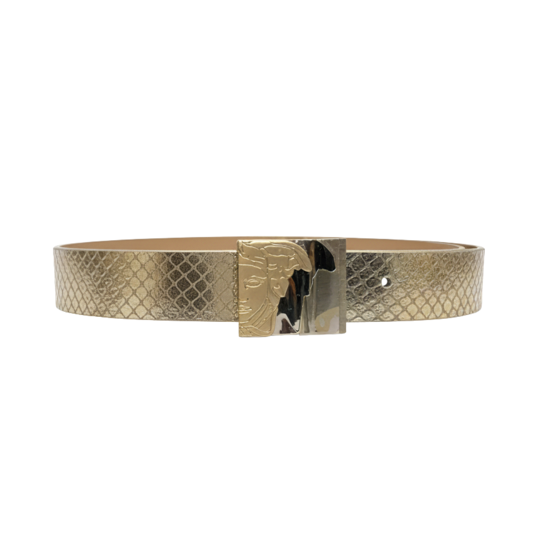 Versace Belt featuring snake-embossed texture and Medusa buckle available at Lestyle Boutique Melbourne