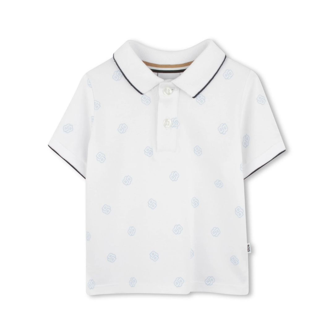 BOSS kids short-sleeve polo shirt featuring a light-blue logo pattern and contrast collar trim available at Lestyle Boutique Melbourne